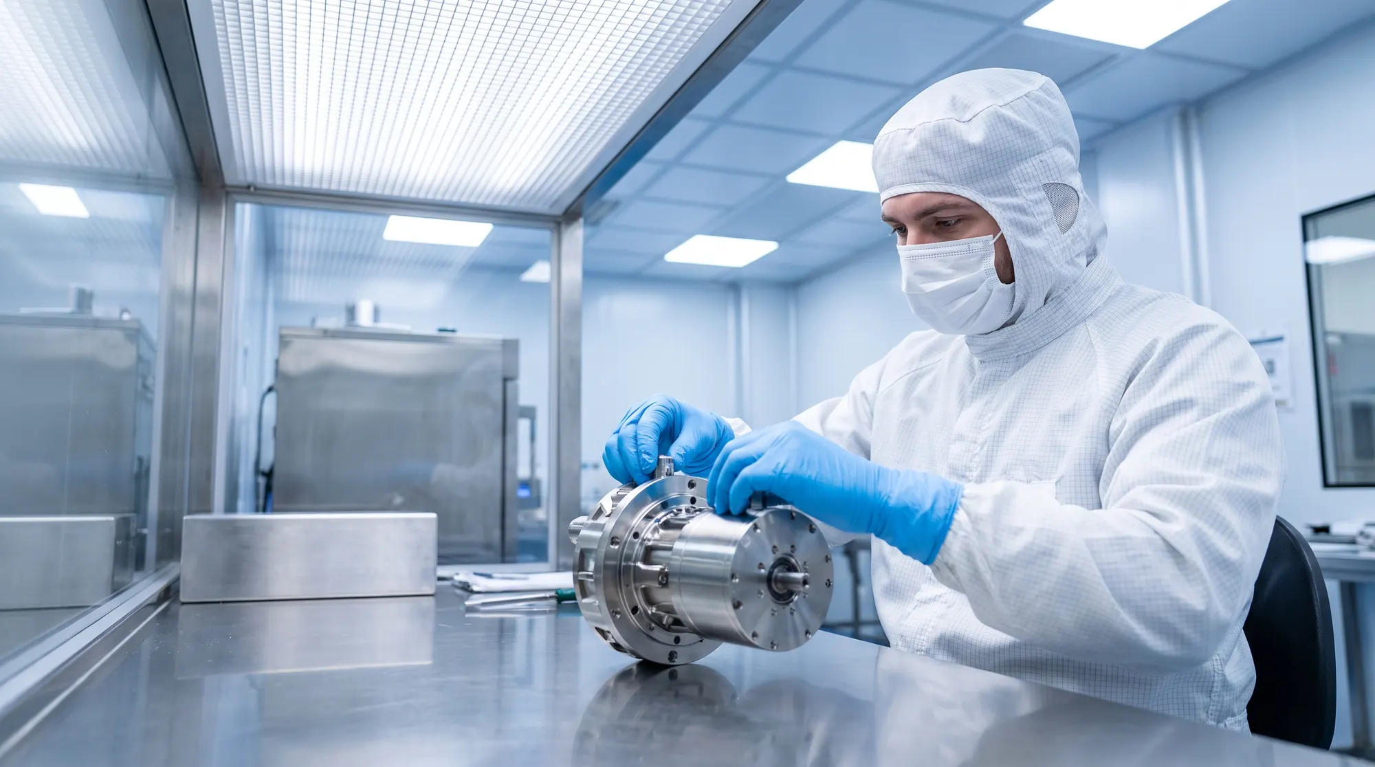 Technicus in cleanroompak assembleert een precisiemodule