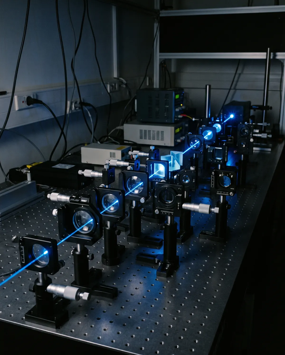 Optische assemblages op een optische tafel met laserstraal