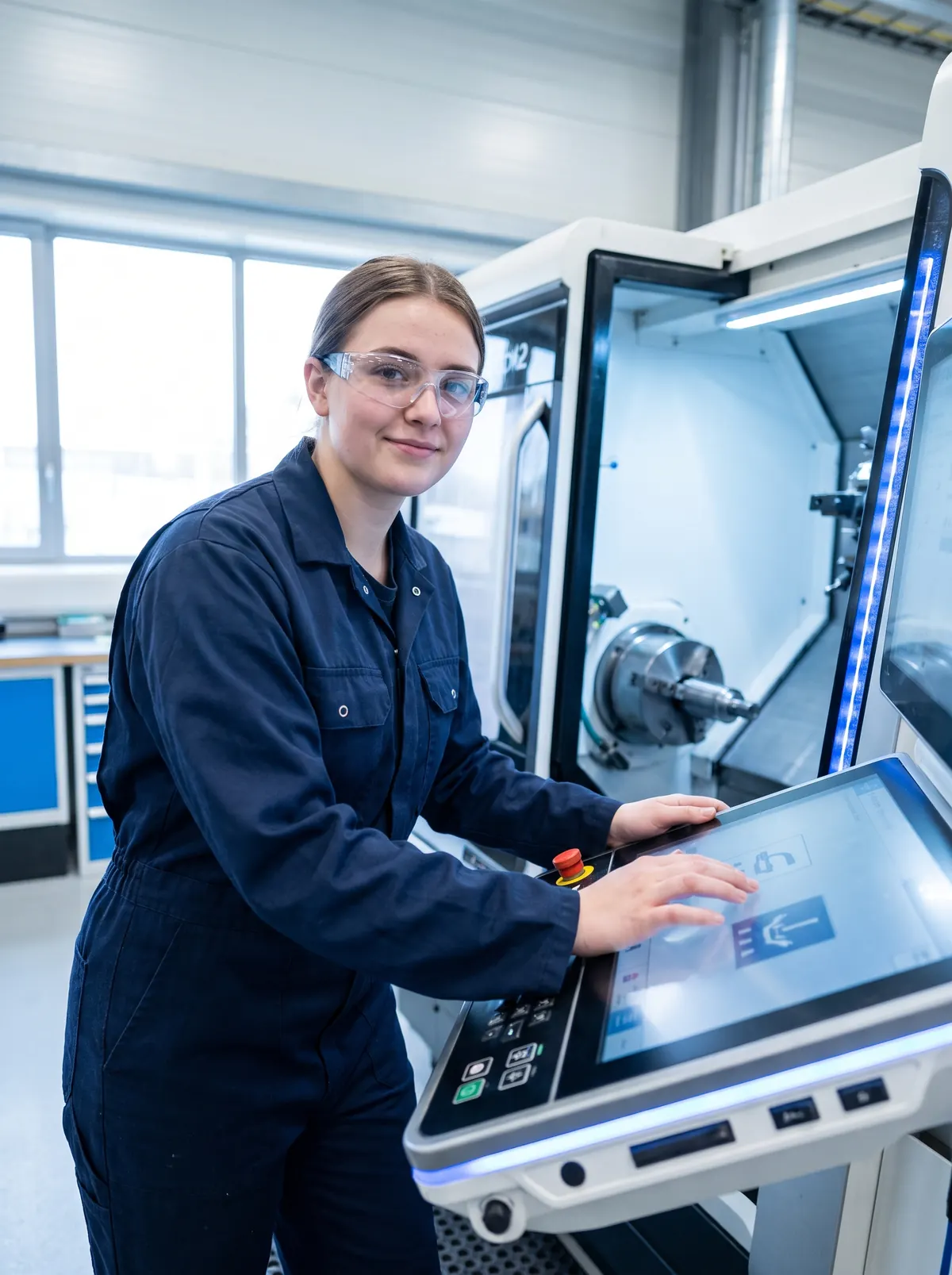 CNC-verspaner bedient het bedieningspaneel van een bewerkingscentrum